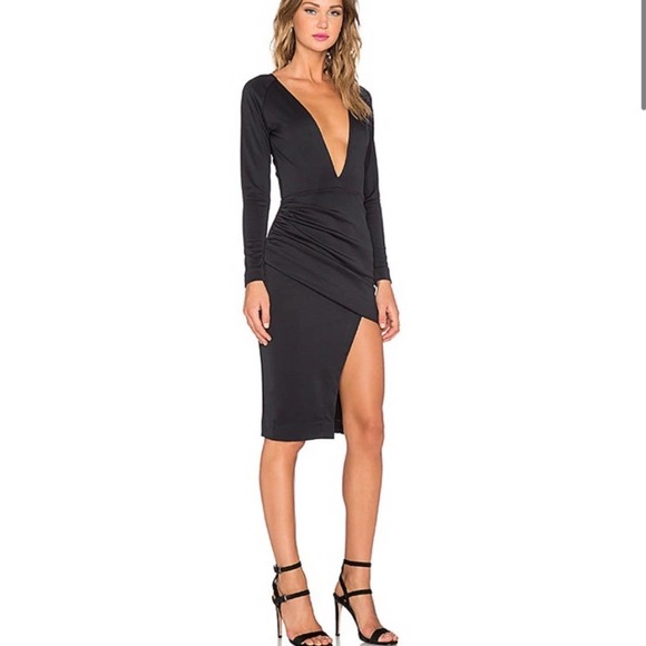 MAURIE & EVE Ella Dress Womens 2 Black Long Sleeve Plunging Draped High Slit